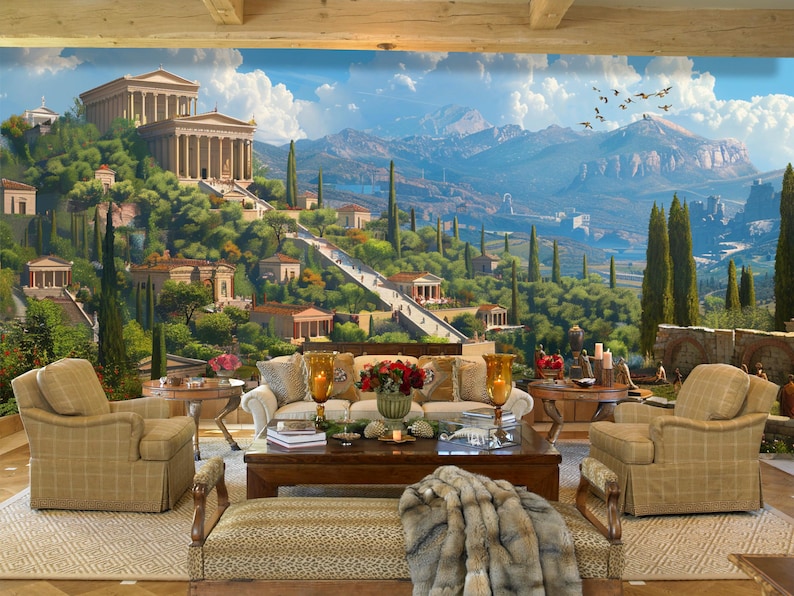 May include: A living room interior design featuring a large mural depicting a classical Greek city with a temple, steps, and trees. The mural is on the wall behind a brown leather sofa, two armchairs, and a coffee table with a fur throw.