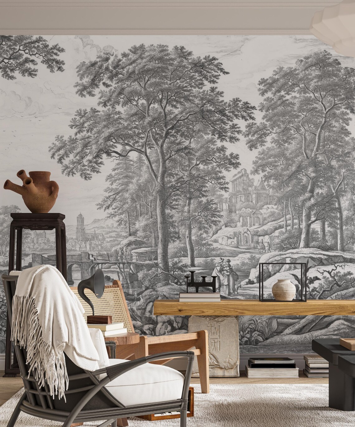 Vintage Pastoral Landscape Wallpaper: Black and White Removable Peel ...