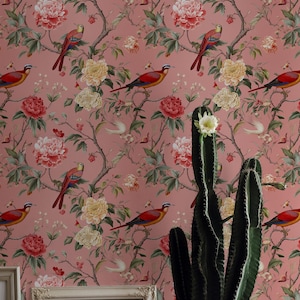 Vintage Floral Wallpaper with Birds - Pink Botanical Wall Decor for Living Room, Bedroom or Office / Removable Wallpaper, Wall Mural