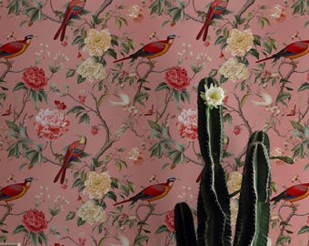 Vintage Floral Wallpaper with Birds: Pink Botanical Wall Mural, Removable Wallpaper