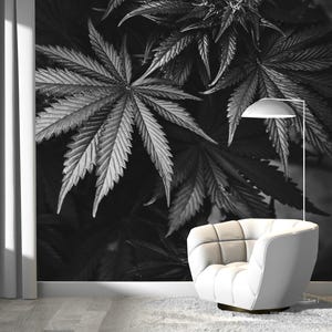 Schwarz-weiße Marihuana Blätter Tapete | Selbstklebend | Schälen und Aufkleben | Abnehmbare Tapete