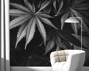 Black and White Marijuana Leaf Wallpaper | Peel and Stick, Removable