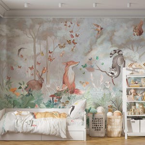 Enchanted Forest Nursery Wallpaper - Whimsical Animals and Pastel Mist - Peel and Stick Wallpaper - Removable Wallpaper