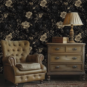Luxurious Black and Gold Floral Wallpaper - Elegant Peel and Stick or Non-Woven Options / Removable Wallpaper, Peel and Stick Wallpaper