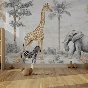 Carta da parati "Safari Animal Adventure" - Giraffe, elefanti, zebre e palme per camerette dei bambini / Carta da parati rimovibile e staccabile