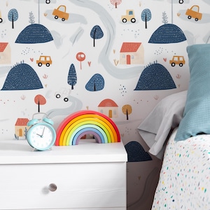Verspielte Kinder Tapete - Straßenkarte Design mit Autos, Bäumen und Häusern - Abnehmbare Kinderzimmer-Wanddekoration, Abziehen und Aufkleben-Tapete