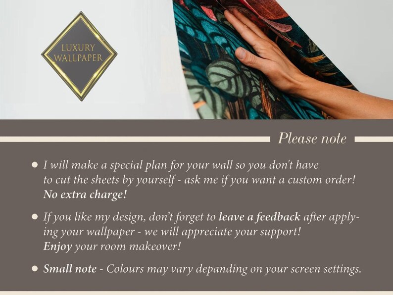 Puede incluir: Una imagen con texto, que presenta un diamante dorado que contiene las palabras "Luxury Wallpaper". Debajo del diamante, el texto "Por favor, tenga en cuenta" va seguido de tres vi&ntilde;etas que proporcionan informaci&oacute;n sobre pedidos personalizados, comentarios y variaciones de color.