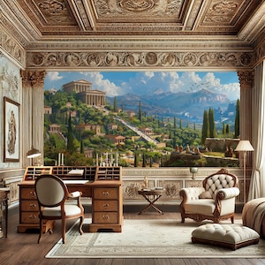May include: A vintage-style room with a large mural depicting a classical Greek city with a temple, mountains, and trees. The room features a wooden desk with a chair, a white armchair, and a small table with a lamp.