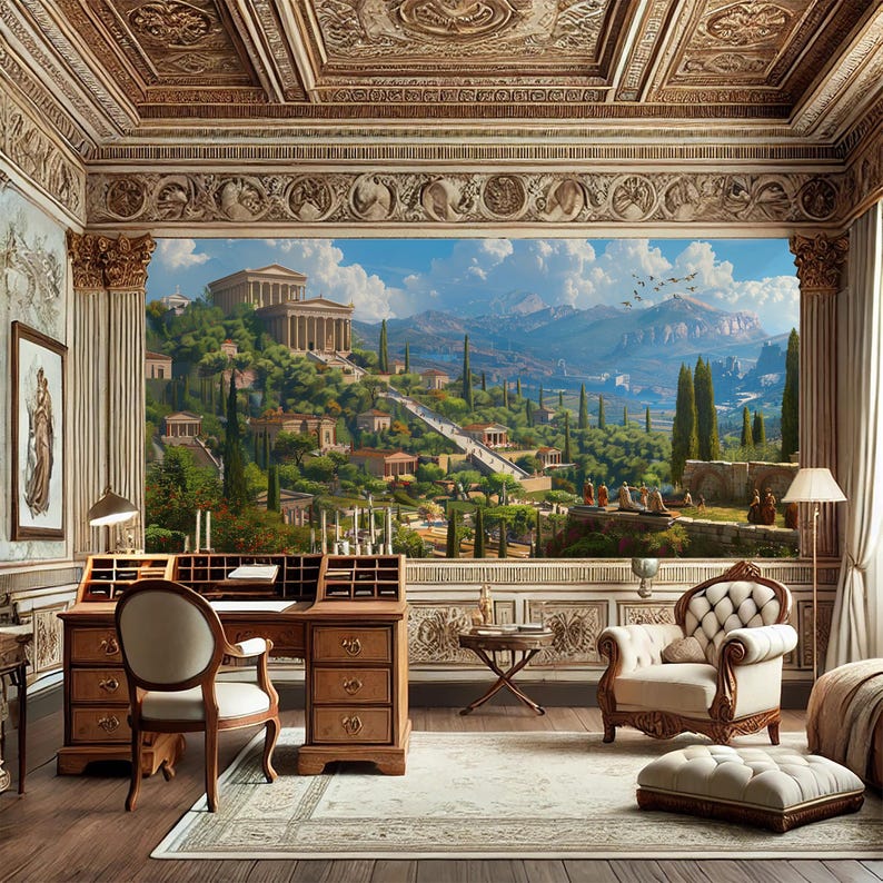 May include: A vintage-style room with a large mural depicting a classical Greek city with a temple, mountains, and trees. The room features a wooden desk with a chair, a white armchair, and a small table with a lamp.