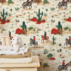 Carta da parati Western Cowboy Desert per la stanza dei bambini - Carta da parati murale in stile vintage con cactus e cavalli / Carta da parati rimovibile, carta da parati staccabile e attaccabile