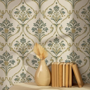 Elegante Beige Damast Tapete mit Goldenen und Grünen Blumen Motiv - Luxus Wandbespannung