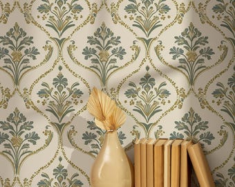 Papel pintado autoadhesivo de damasco beige con diseño floral dorado y verde