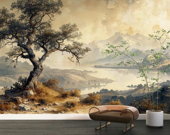 Vintage Mountain Landscape Wallpaper Mural - Peel and Stick, Removable