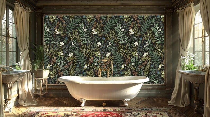 May include: A white clawfoot bathtub sits in a bathroom with a dark wood floor and a floral wallpaper. The wallpaper features a dark background with green, white, and brown floral patterns.