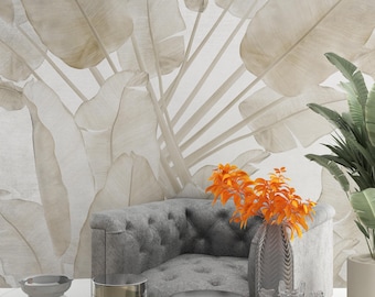 Carta da parati beige con foglie di banana: murale tropicale, staccabile e attaccabile