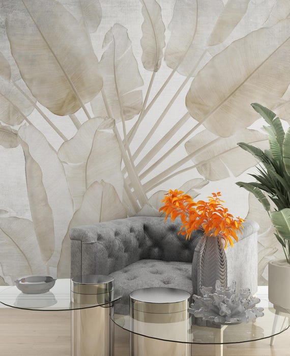 Beige Banana Leaf Wallpaper: Tropical Wall Mural, Peel and Stick