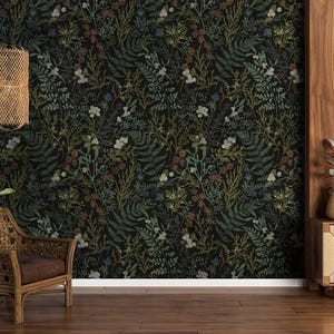Fern Botanical Wallpaper, Botanical, Vintage Dark, Peel and Stick Wallpaper Vintage, Botanical Wallpaper, Magical Forest Wallpaper