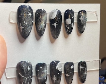 Cat eye moon and stars press on nails