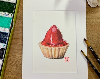 Scottish Strawberry Tart Watercolour Home Decor Giclee Print A6 Mounted Scotland Gifts