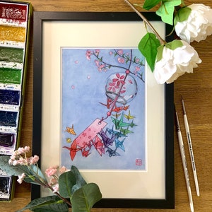 Furin Wind Chime & Origami Crane Watercolour Art Print Home Decor A4/A5 Mounted Giclee Japan Gift