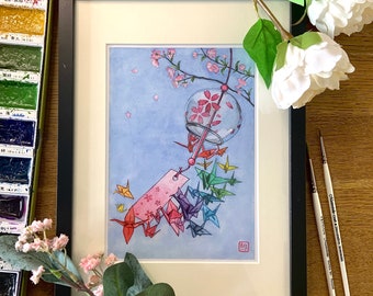 Furin Wind Chime & Origami Cranes- Watercolour Print-A5 Mounted Giclee Print- Japanese Gifts