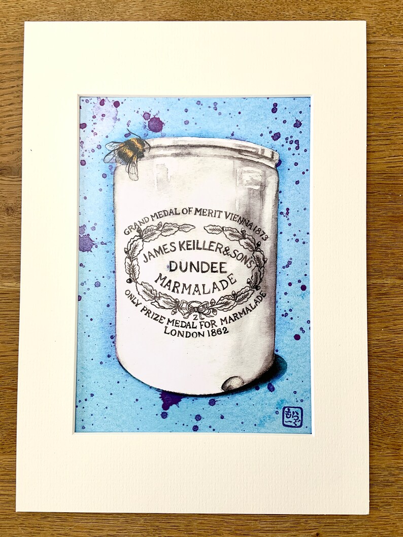 Watercolour artwork of a jar of Keillers Dundee marmalade with a bee on a blue and purple splattered background