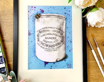 Scottish Keillers Dundee Marmalade Watercolour Print Home Decor A4/A5 mounted Giclee Print Scotland Gifts