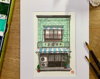 Green Tokyo Storefront- A6 Watercolour Wall Art Print-Japan Gift