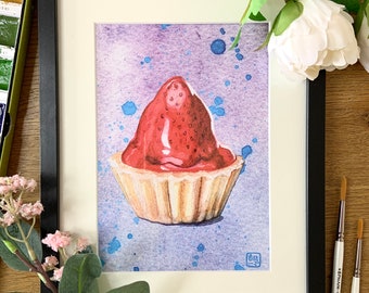 Scottish Strawberry Tart Watercolour Print-A5 Mounted Giclee Wall Art Print