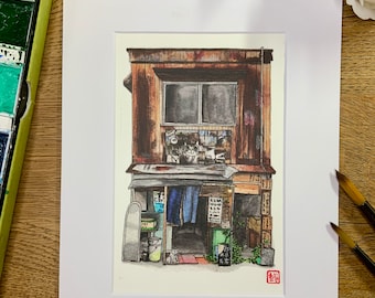 Cat Shop Tokyo Storefront- A6 Watercolour Wall Art Print-Japan Gift