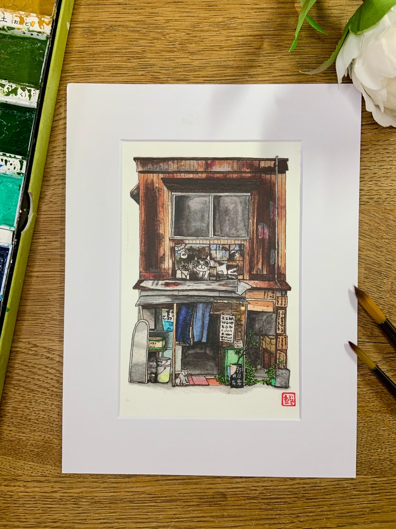 Cat Shop Tokyo Storefront A6 Watercolour Wall Art Print-Japan Gift image 1