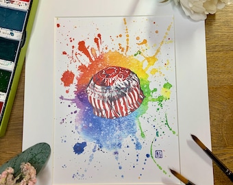 Scottish Tunnocks Teacake Rainbow Splash Watercolour Home Decor Giclee Print 7x5in Mounted-Scotland Gifts