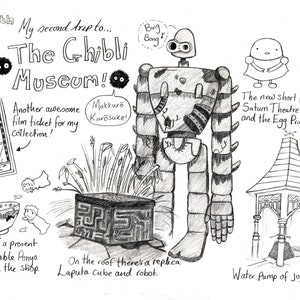 A pencil drawn comic page about the Ghibli Museum featuring a giant robot