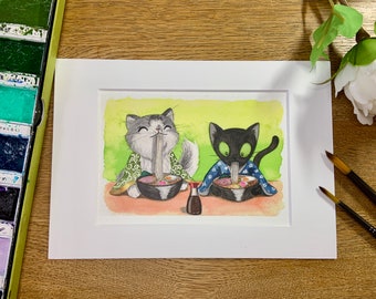 Ramen Cats- A6 Watercolour Wall Art Print-Japan Gift