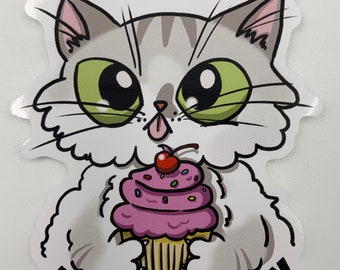 Fluffy Cat with Cupcake Large Vinyl Sticker Perfect for Laptops, Water Bottles and Notebooks Pet Lover Gift