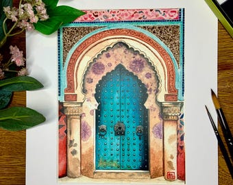 Blue Moroccan Door Travel Watercolour Wall Art Home Decor A4/A5 Mounted Giclee Print Morocco Gift