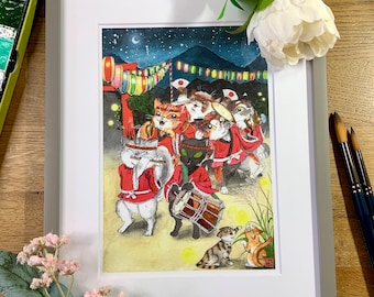 Japanese Taiko Cat Watercolor Painting Art A4 Mounted Giclee Giclee Print Cat Home Decor