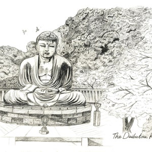 A pencil sketch of the Daibutsu giant buddha in Kamakura