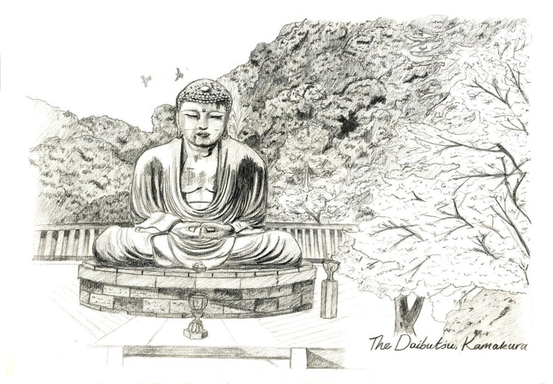 A pencil sketch of the Daibutsu giant buddha in Kamakura