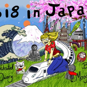 The front cover of a comic called 'Big in Japan' featuring a woman riding on the bullet train, with Mt Fuji, the Great Wave and a cherry tree in the background