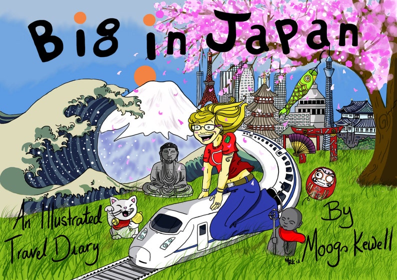 The front cover of a comic called 'Big in Japan' featuring a woman riding on the bullet train, with Mt Fuji, the Great Wave and a cherry tree in the background