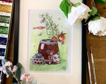 Spirit of Japan-Watercolour Print-A5 Mounted Giclee Wall Art Print- Japanese Taiko Gifts