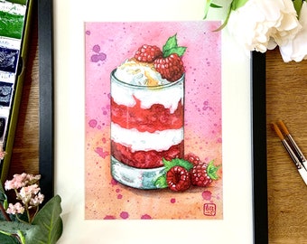 Scottish Cranachan Raspberry Dessert Watercolour Print-A5 Mounted Wall Art Giclee Print-Scotland Food Gifts