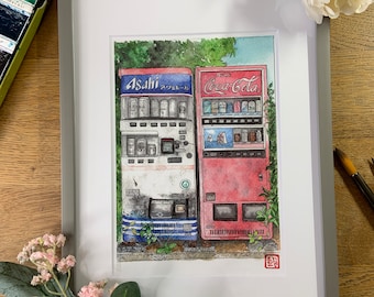 Vintage Japanese Vending Machine A5 Watercolor Print, Digital Wall Art Decor