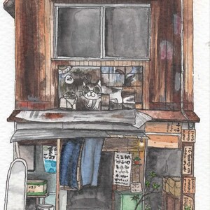 Cat Shop Tokyo Storefront A6 Watercolour Wall Art Print-Japan Gift image 2