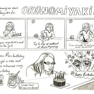 A pencil drawn comic page featuring okonomiyaki and a woman blowing out candles on a birthday cake