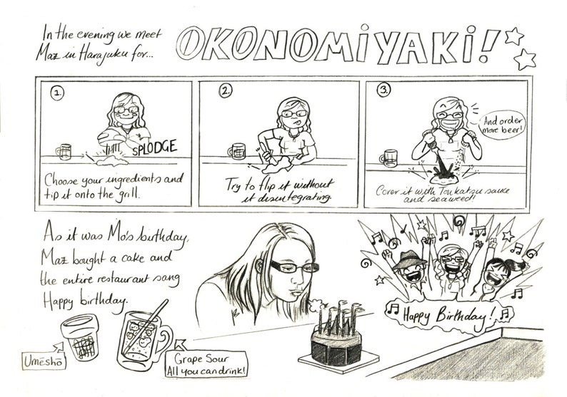 A pencil drawn comic page featuring okonomiyaki and a woman blowing out candles on a birthday cake