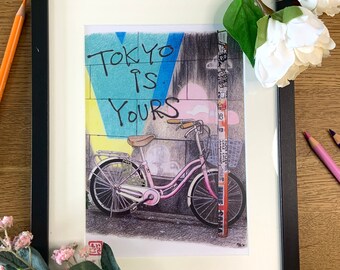 Tokyo is Yours-Colour Pencil Travel Wall Art Sketch-Bicycle Drawing-Japan Artwork Print