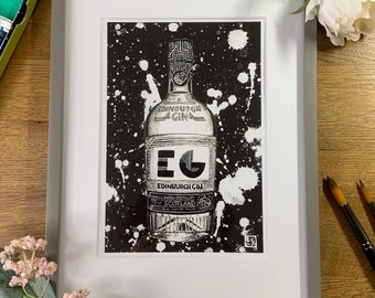 Scottish Edinburgh Gin Watercolour Print-A5 Mounted Giclee Print-Scotland Food Gifts