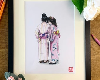 Kimono Girls-Colour Pencil Print-A5 Mounted Giclee Wall Art Print- Japan Gifts